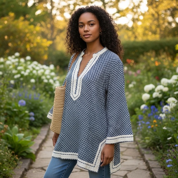Tory Burch Navy and White Geometric Tunic - Picture 2 of 5